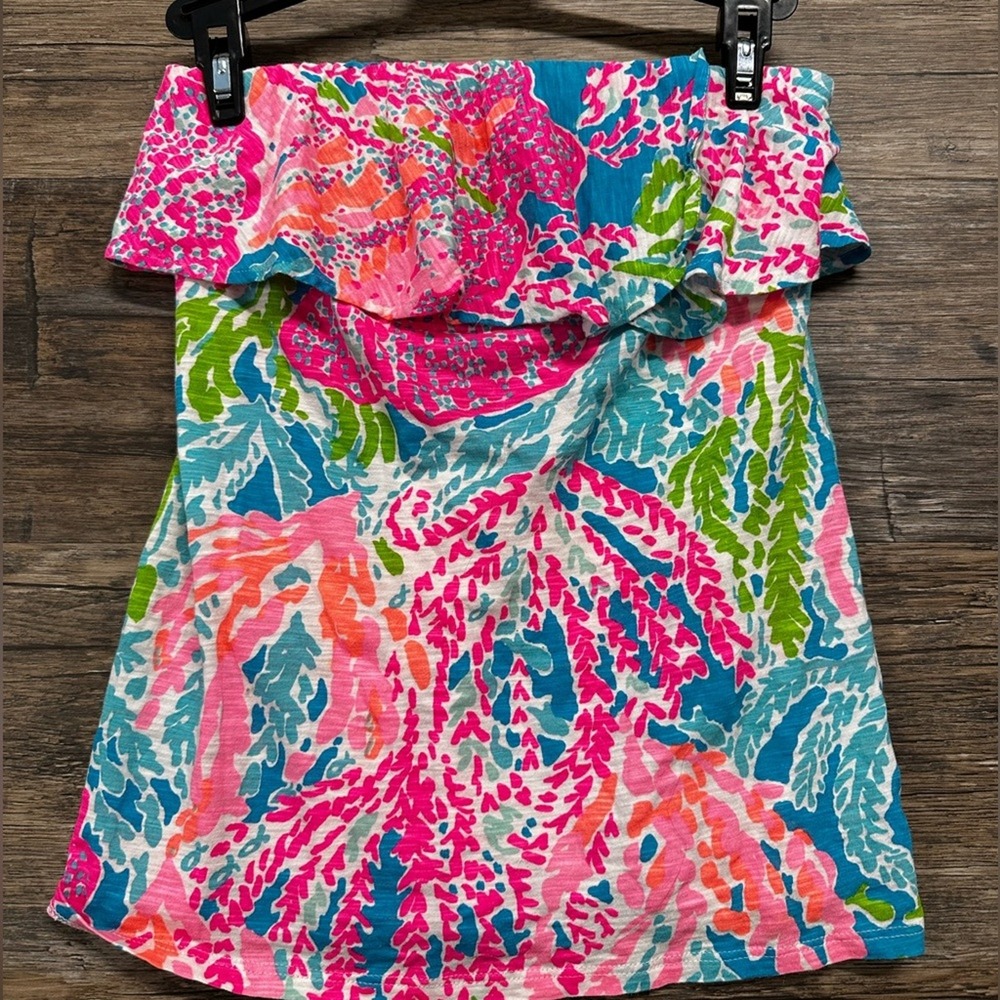 Lilly Pulitzer Ruffle Pink and Blue Tropical Tube Top Sleeveless Blouse S